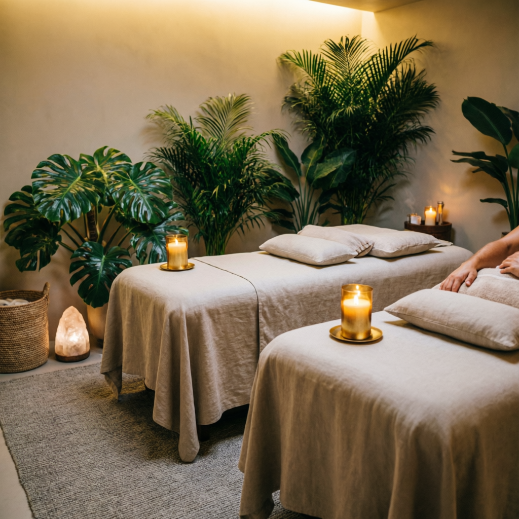 Couple massage setup with romantic candlelight ambiance