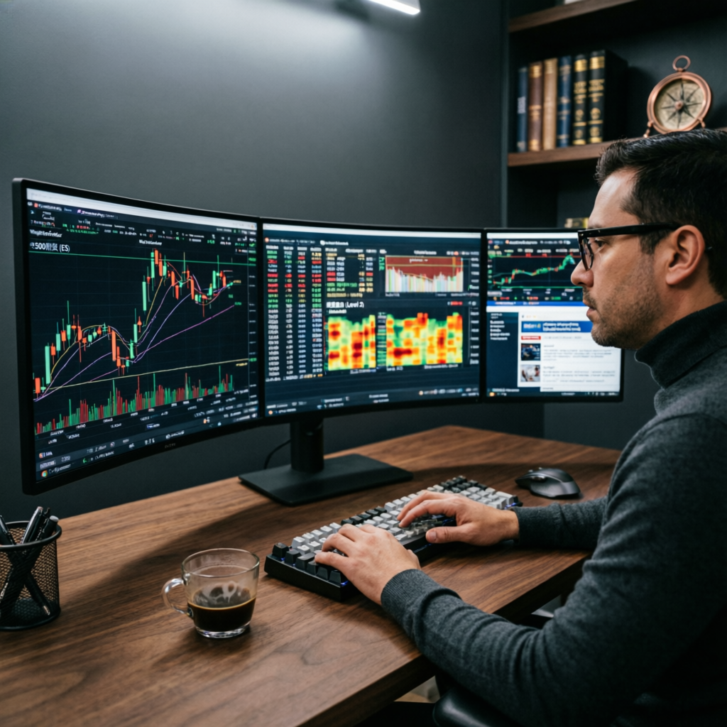 Professional trader workspace with multiple monitors showing NinjaTrader futures trading platform