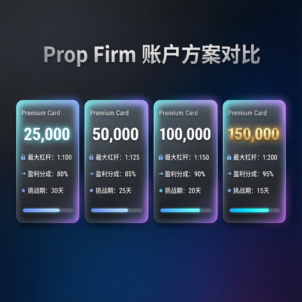 Prop firm account size comparison showing 25k 50k 100k 150k funded accounts