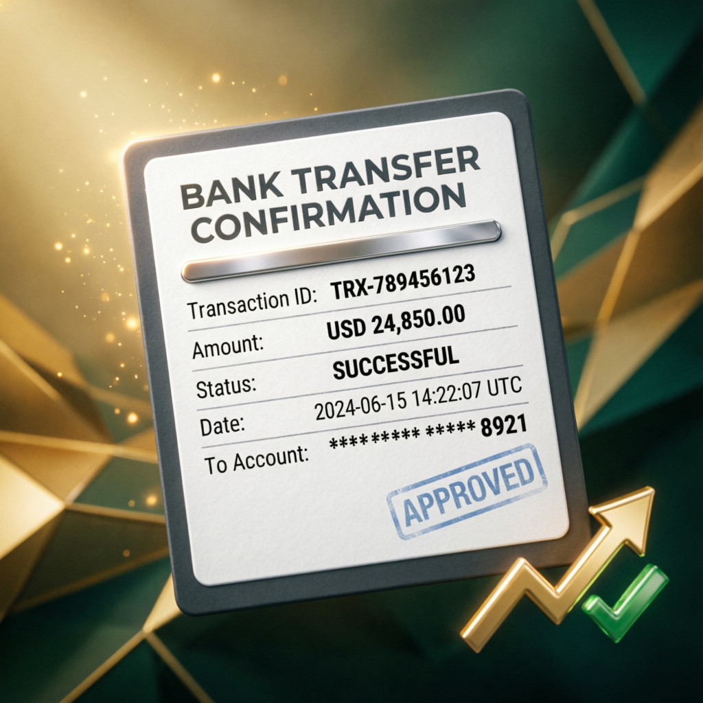 Bank transfer confirmation showing successful trading payout withdrawal