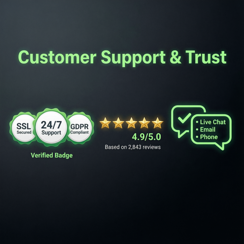 Customer support and trust badges showing SSL security, 24/7 support, and 5-star reviews