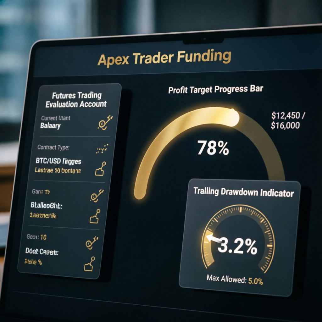 Apex Trader Funding dashboard showing evaluation account progress and trailing drawdown indicator
