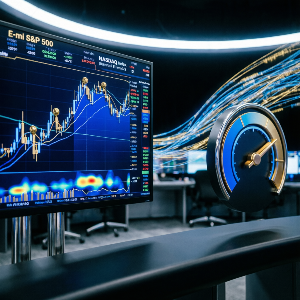 Futures trading visualization showing E-mini S&P 500 and NASDAQ charts with speed gauge