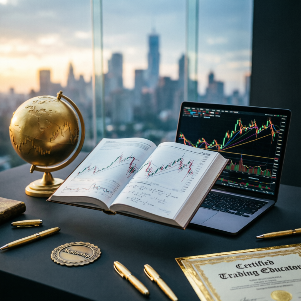 Trading education materials including books, charts, and mentorship certification