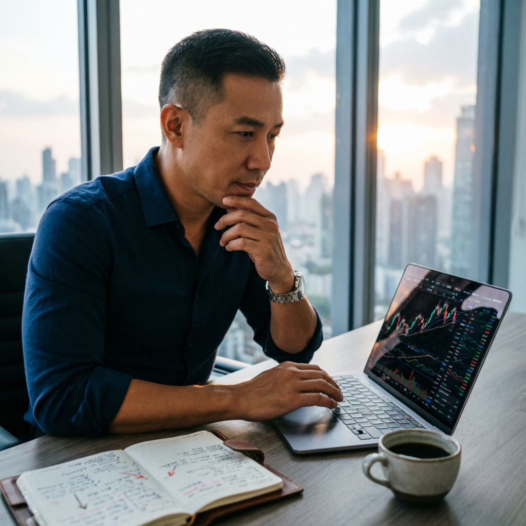 Professional trader analyzing charts and reviewing trading journal for strategy development