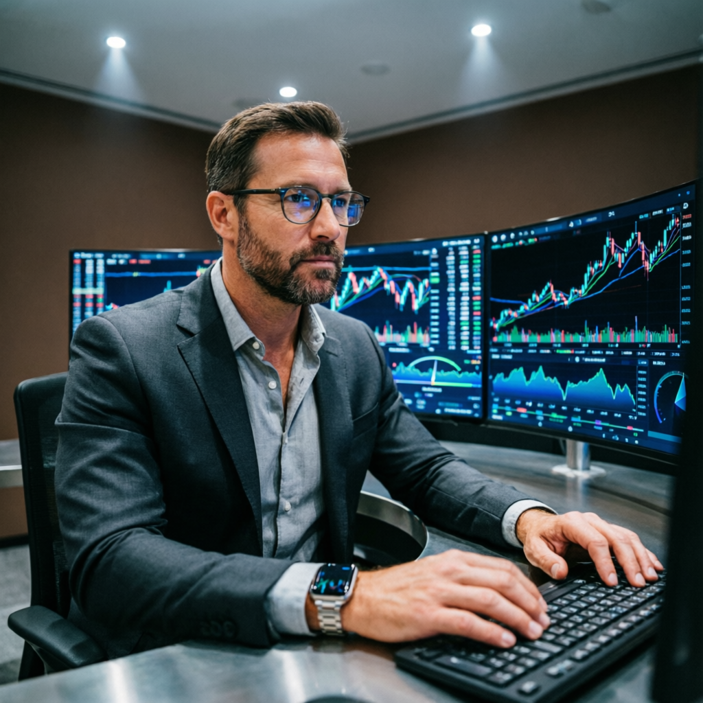 Professional forex trader analyzing Apex Trader Funding charts on multiple monitors