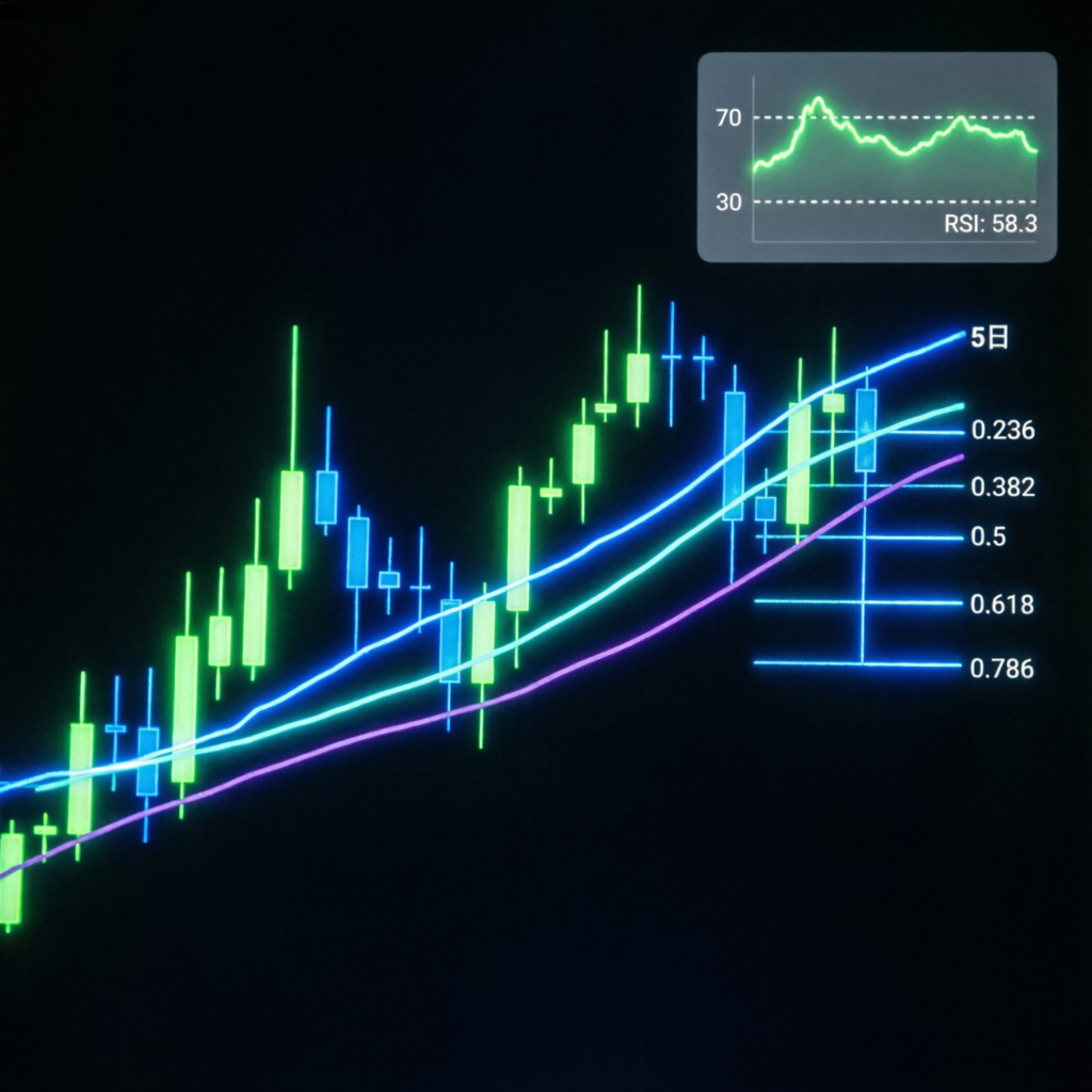 Candlestick chart with technical indicators showing trading strategy analysis for Apex Trader Funding