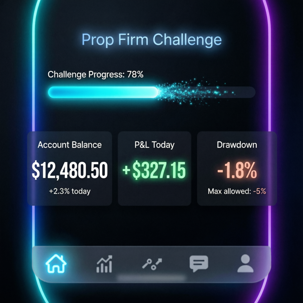Mobile prop firm challenge app showing account balance, P&L, and drawdown tracking