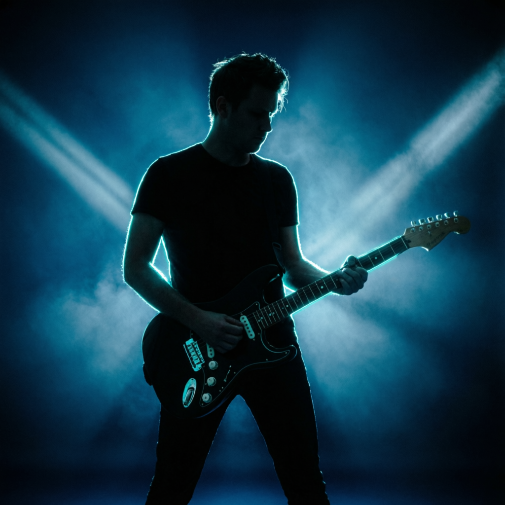 Músico en escena con luces cyan