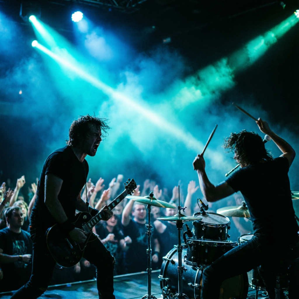 Banda de rock en vivo con luces cyan