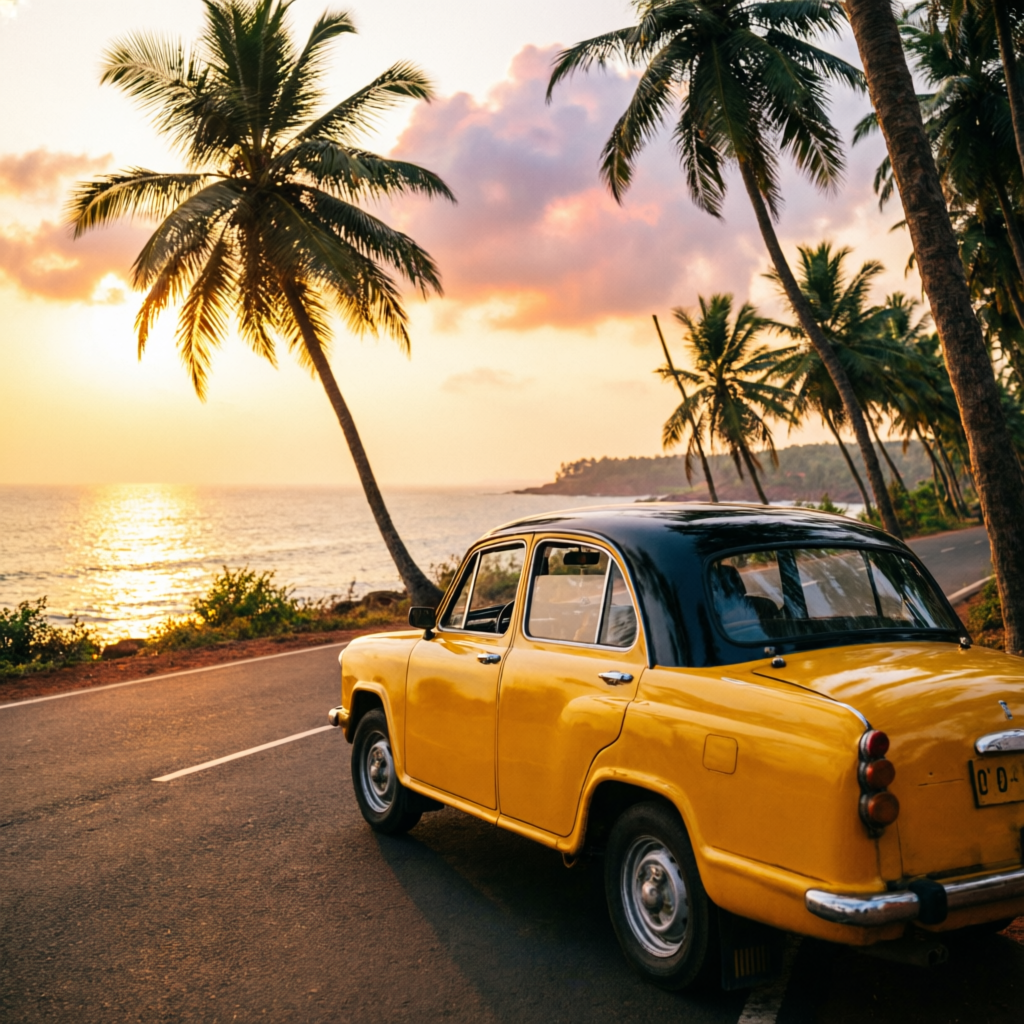 Yellow taxi on a Goan coastal road at sunset
