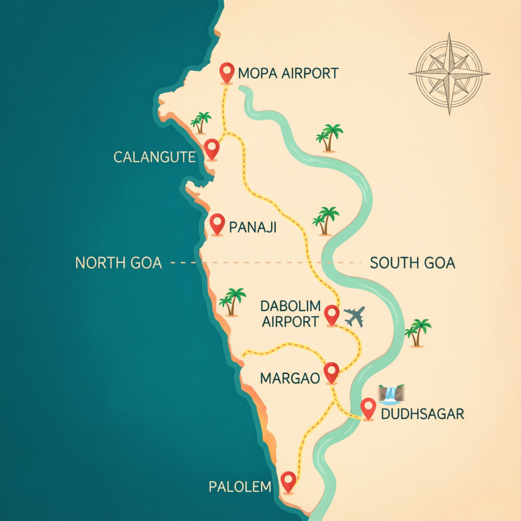 Illustrated map of Goa, India with airports and towns