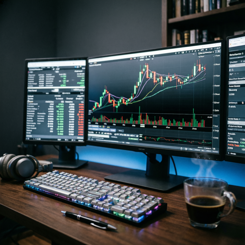 Professional multi-monitor trading setup with forex charts
