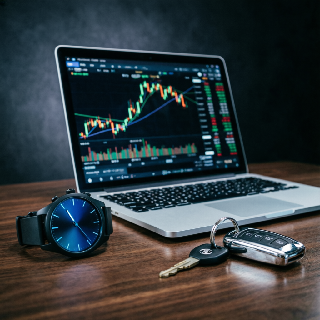 Successful trader lifestyle with laptop showing trading charts