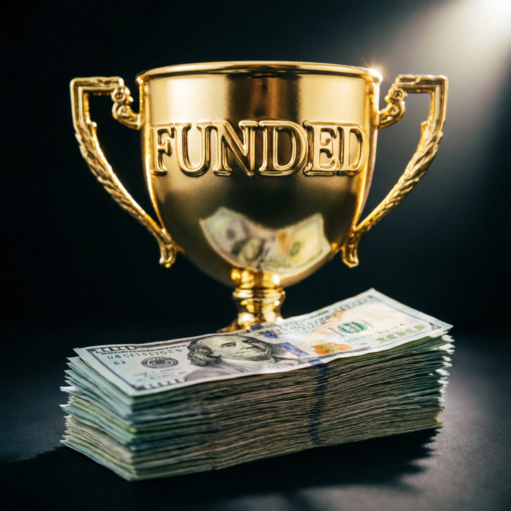 Funded account success with trophy and cash