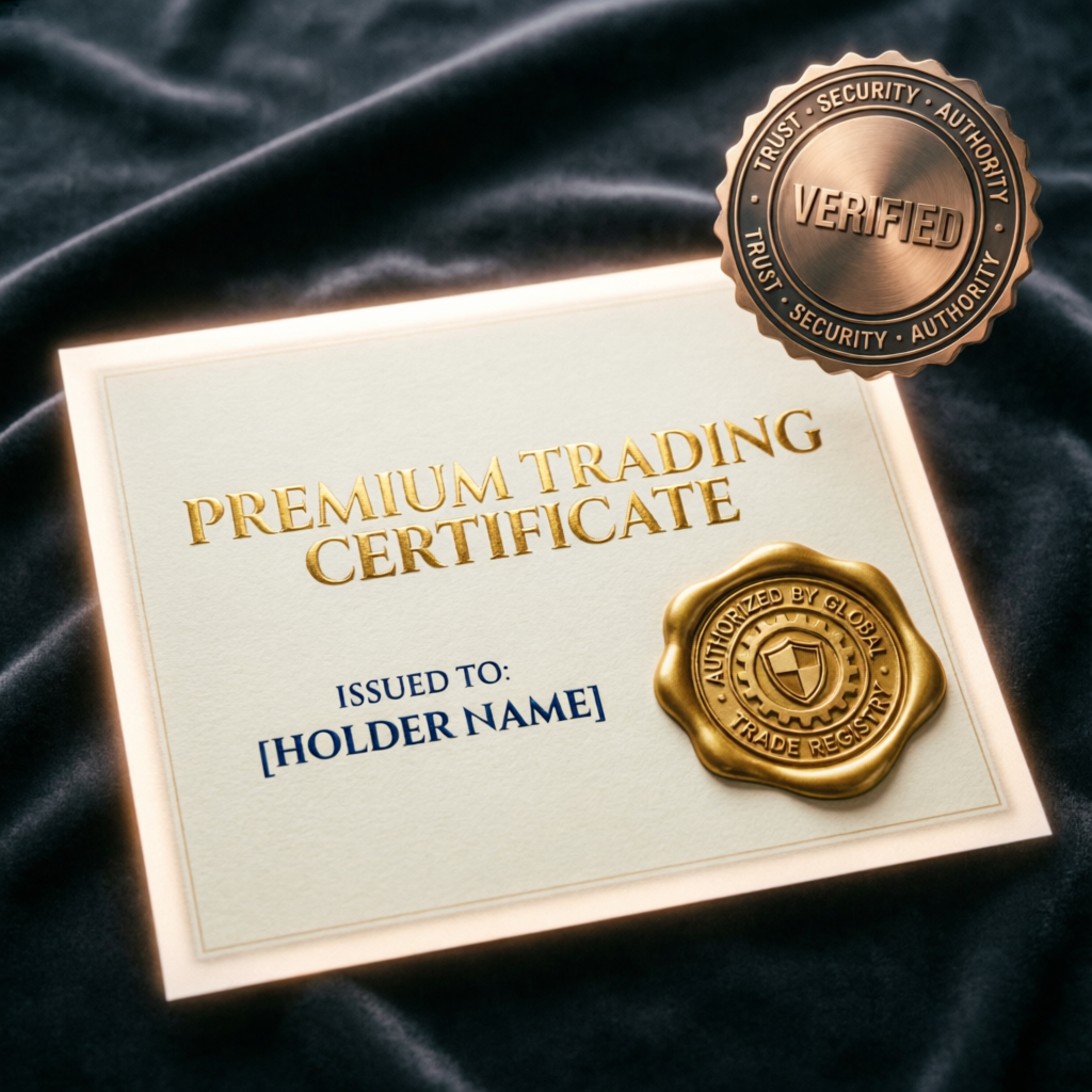 Verified trading certificate representing trust and authority