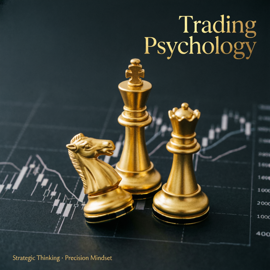 Trading psychology concept with chess pieces representing strategic thinking
