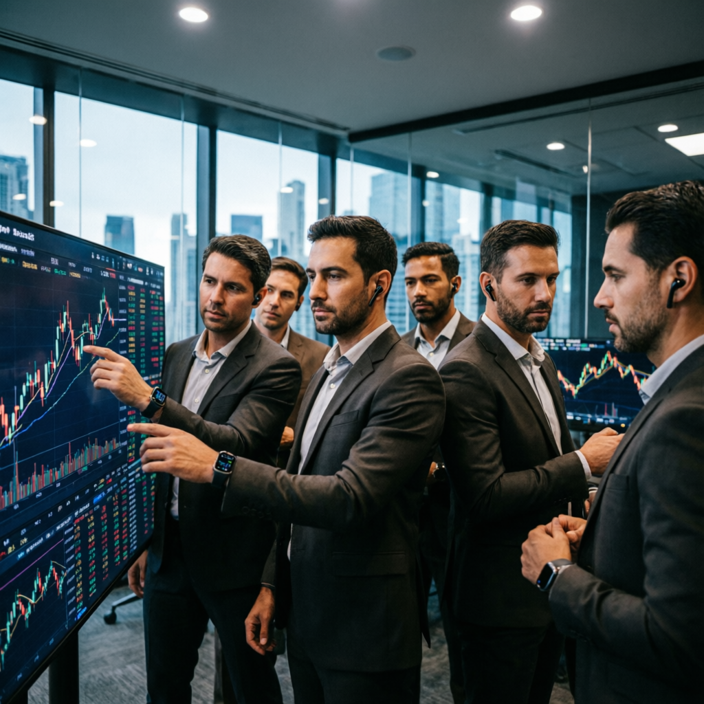 Professional trading team analyzing forex charts