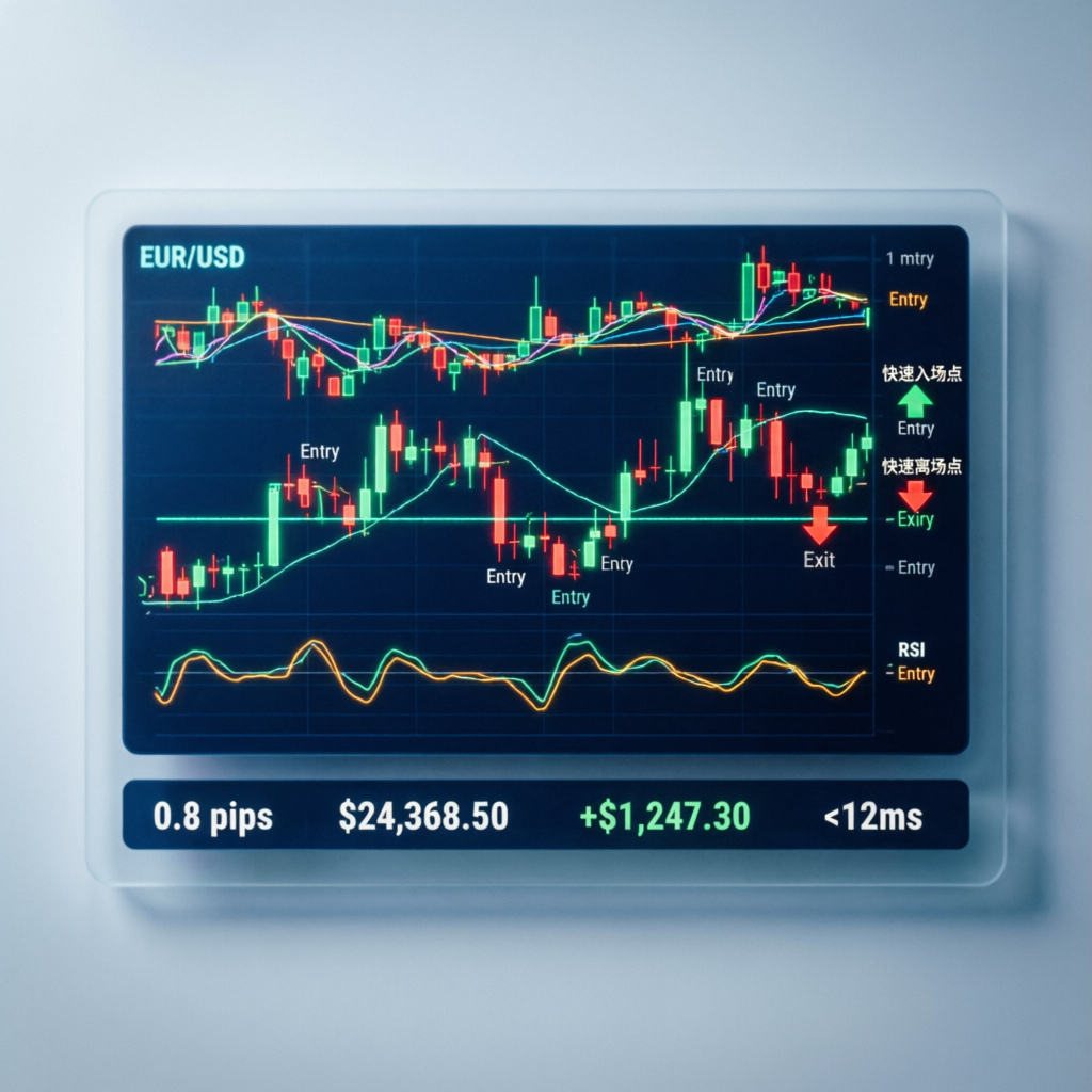 Forex scalping strategy chart showing entry and exit points on EUR/USD with technical indicators