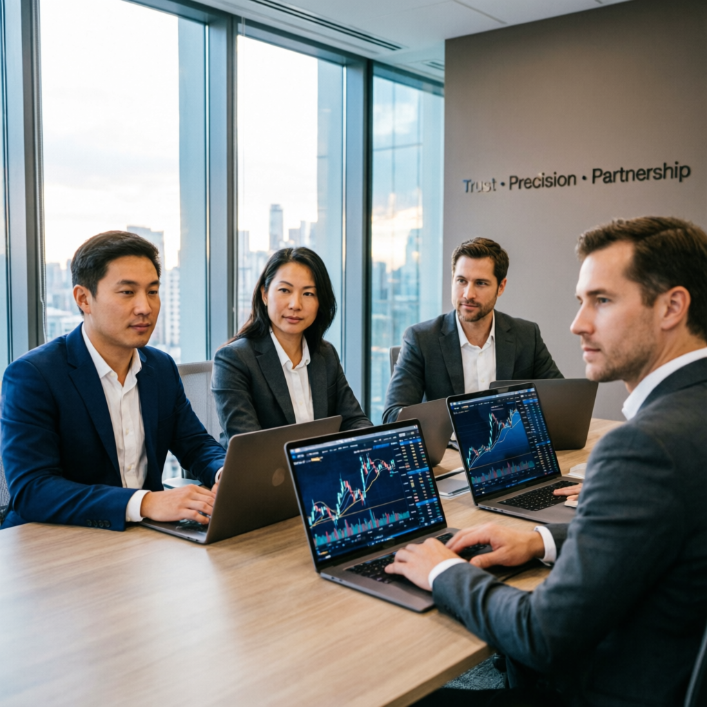 Professional PFM Capitals team of forex account managers and traders in modern office