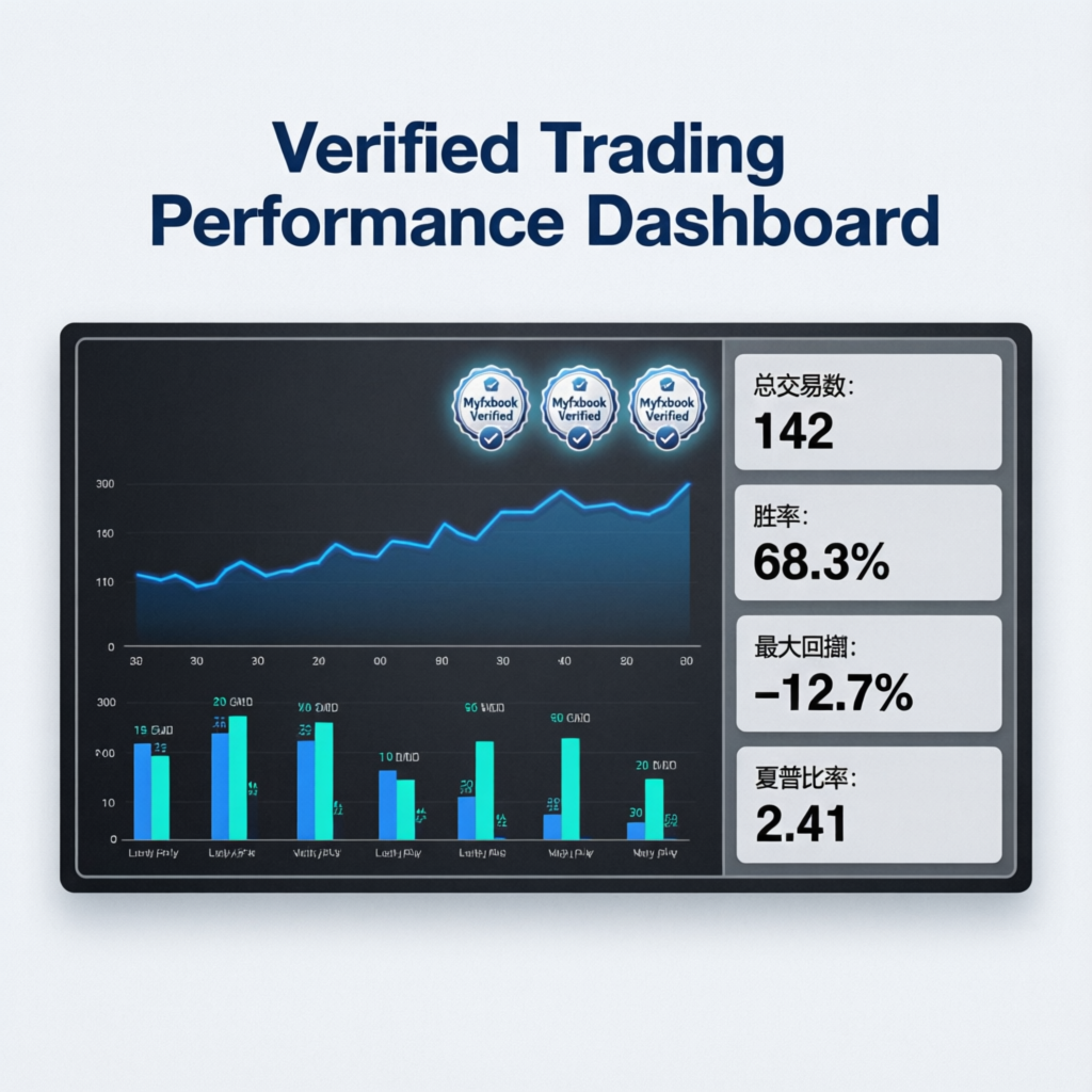Verified trading performance dashboard with Myfxbook verification badges showing profit charts and statistics