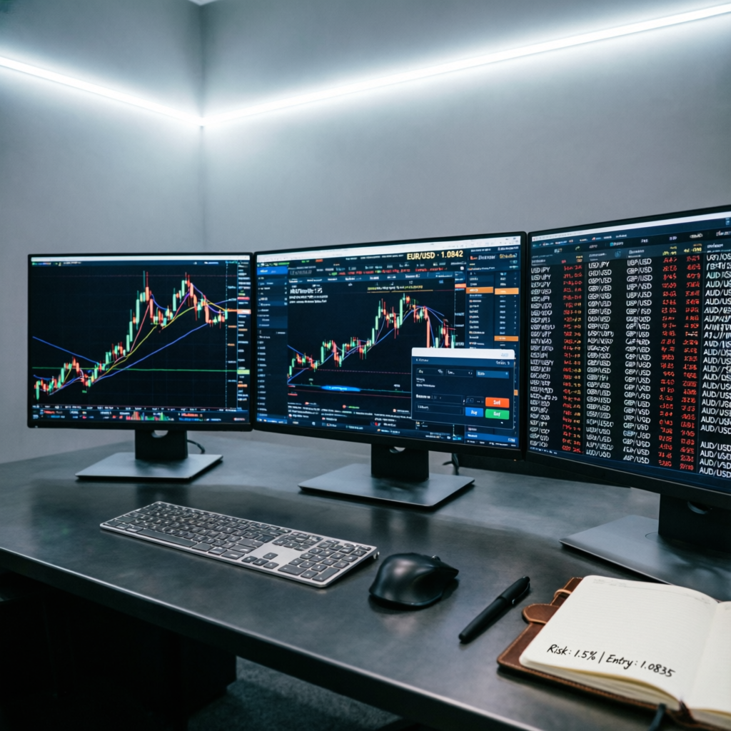 Professional prop firm trading setup with multiple monitors displaying forex scalping charts