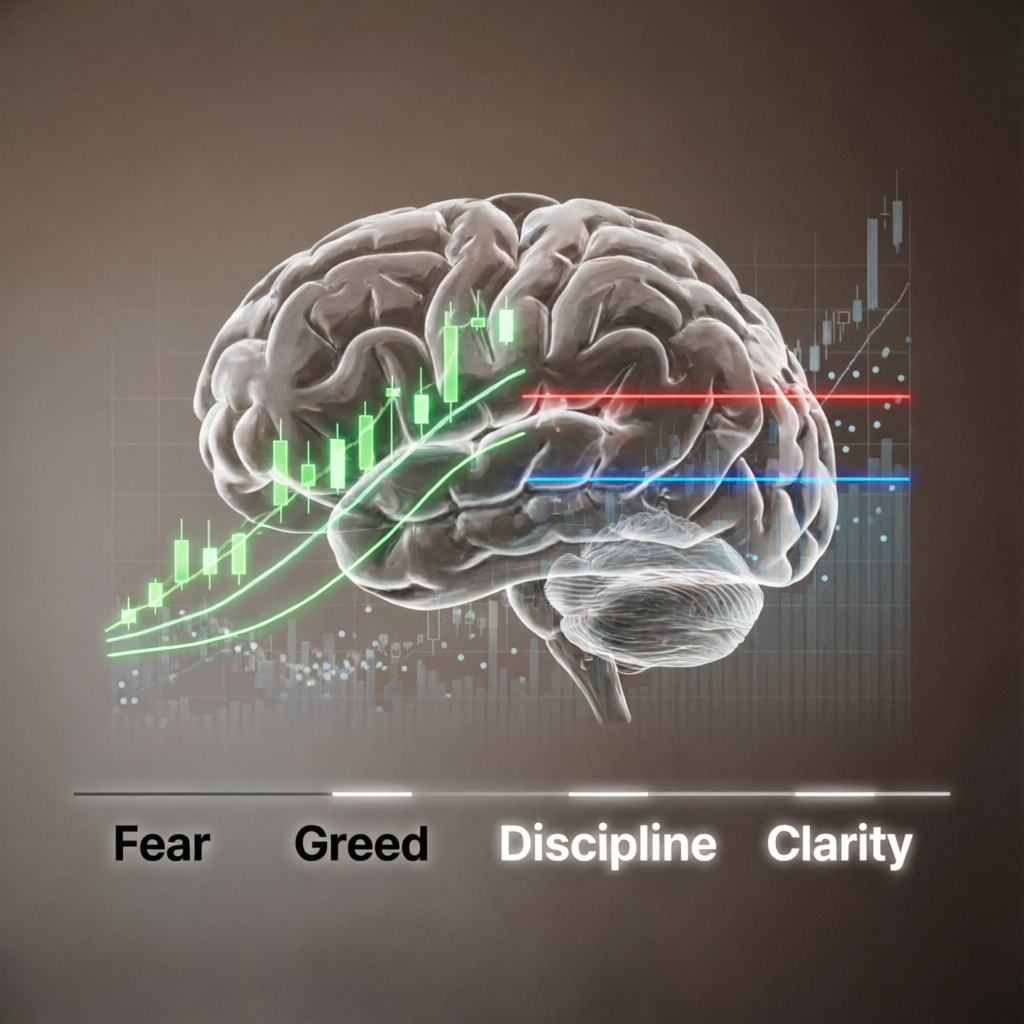 Trading psychology visualization showing emotional control and disciplined decision making for scalpers