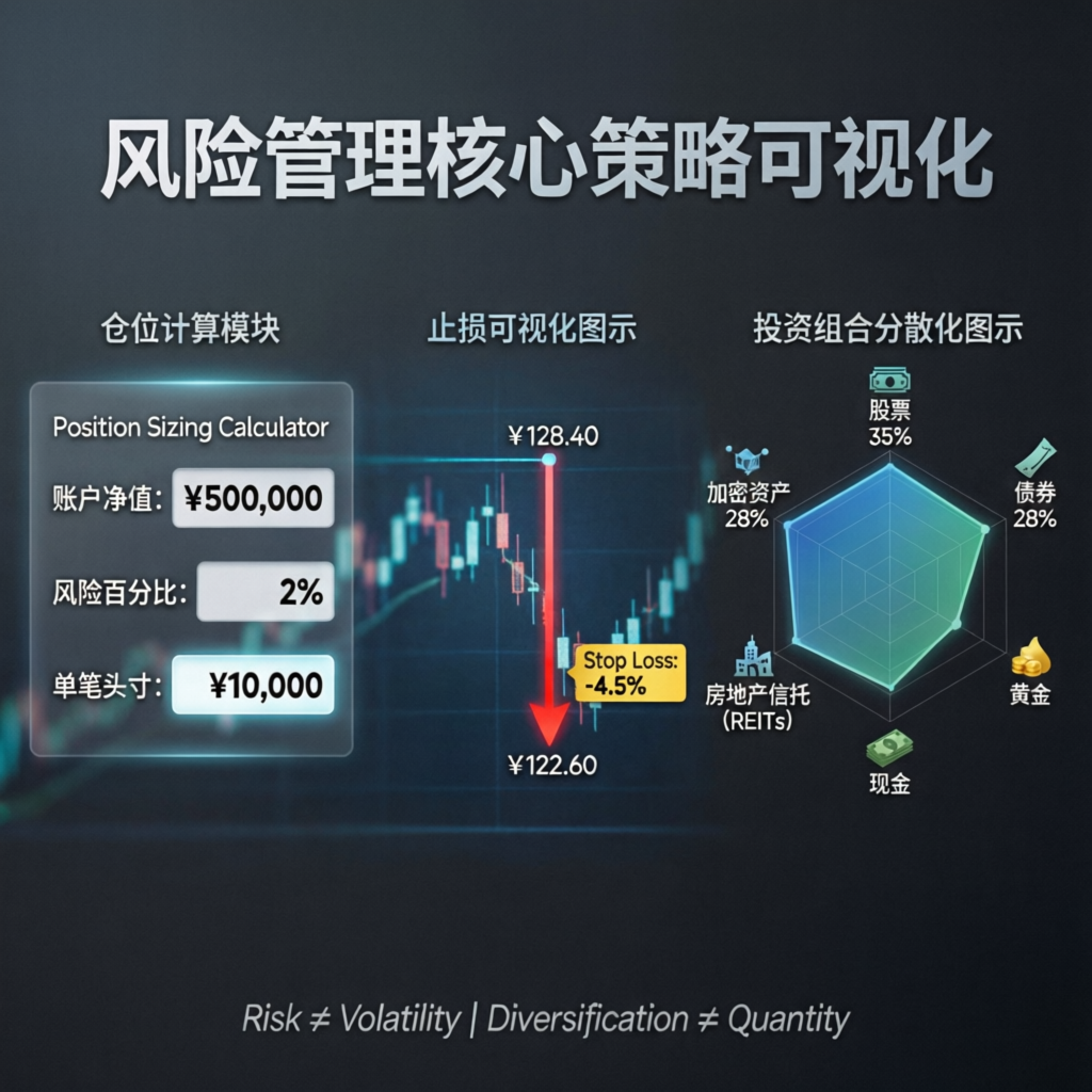 Risk management core strategies visualization with position sizing and portfolio diversification
