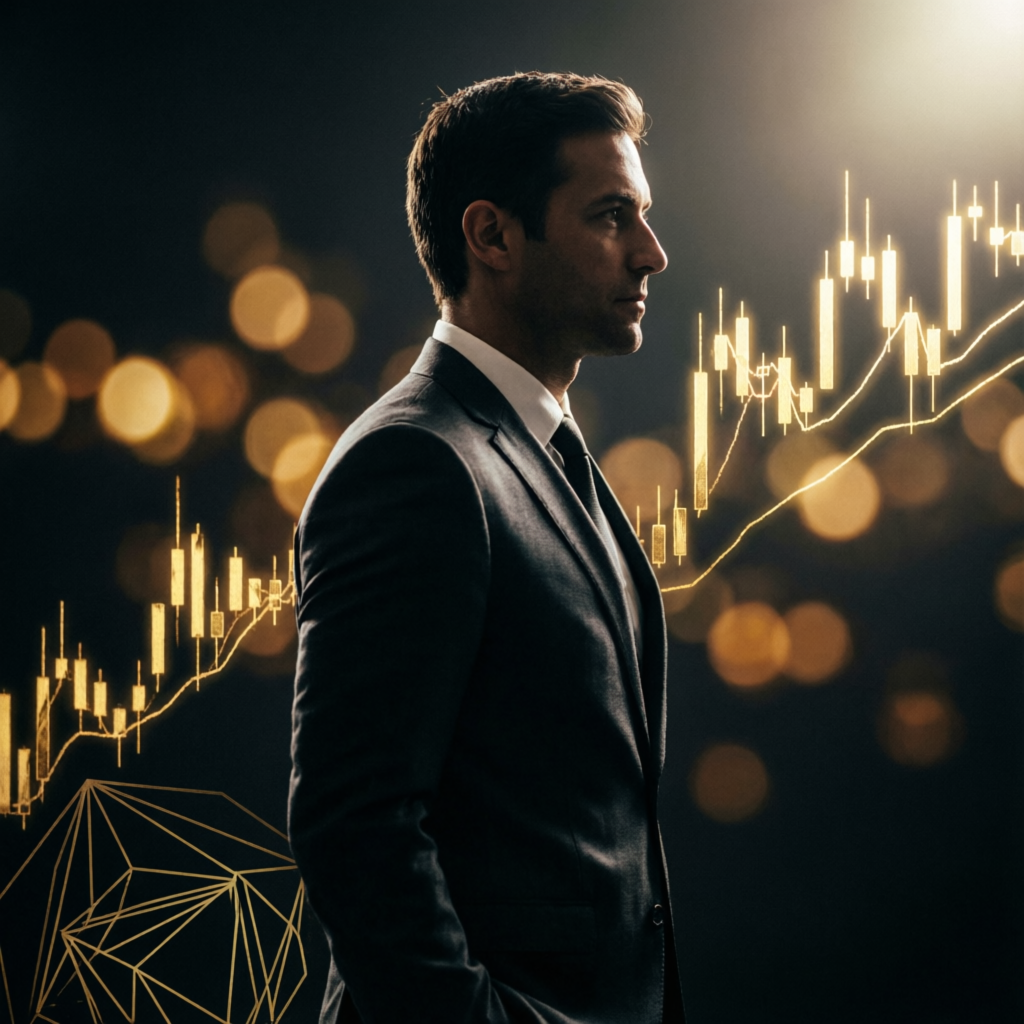 Professional forex trader with golden candlestick charts
