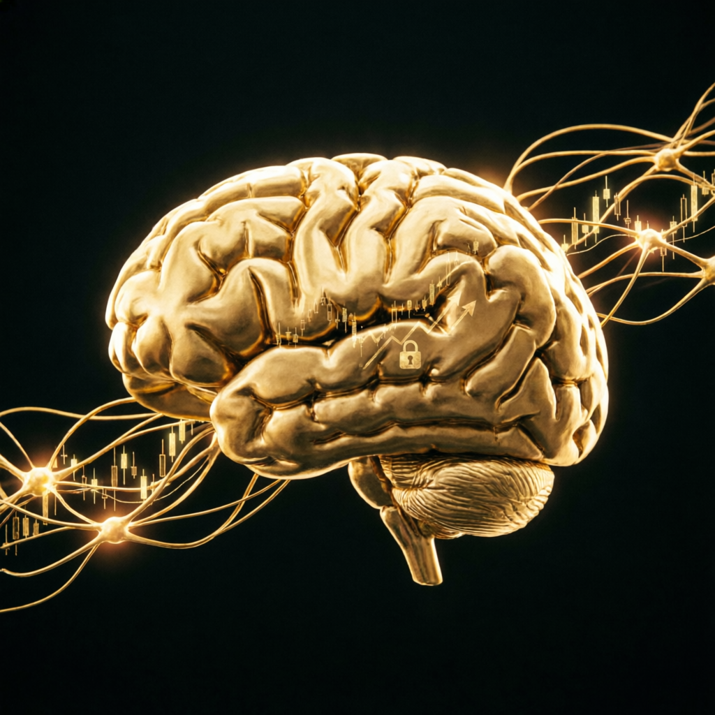Golden brain with trading charts - trading psychology visualization
