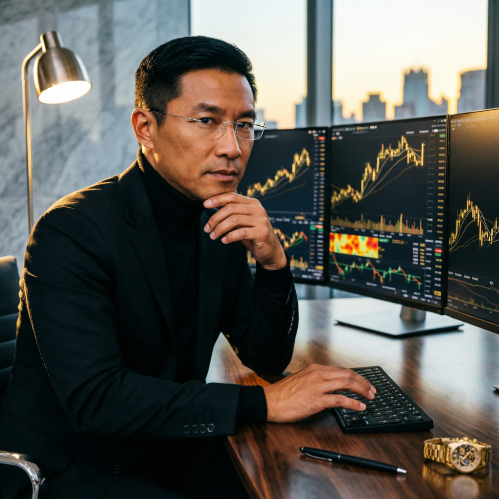 Professional trader analyzing Apex evaluation charts on multiple monitors