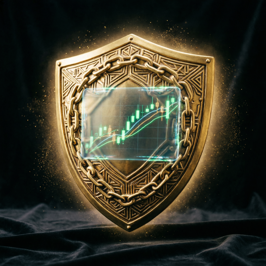 Golden shield protecting trading charts - risk management concept