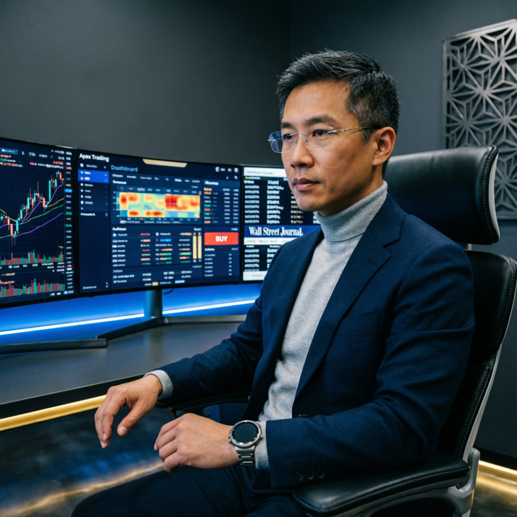 Professional forex trader using Apex Trader Funding platform with multiple monitors showing futures trading charts
