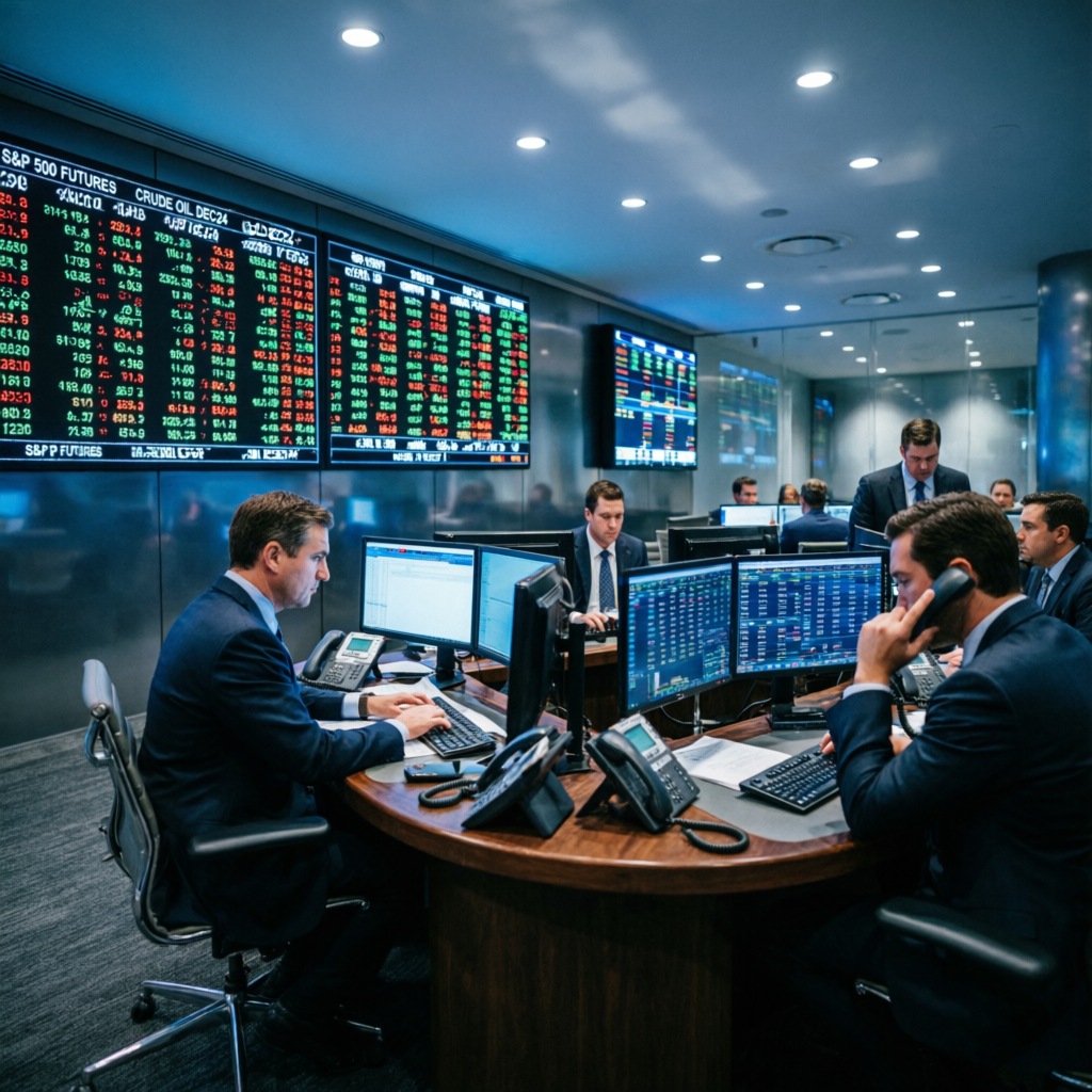 Professional prop firm trading floor with multiple traders and market data screens