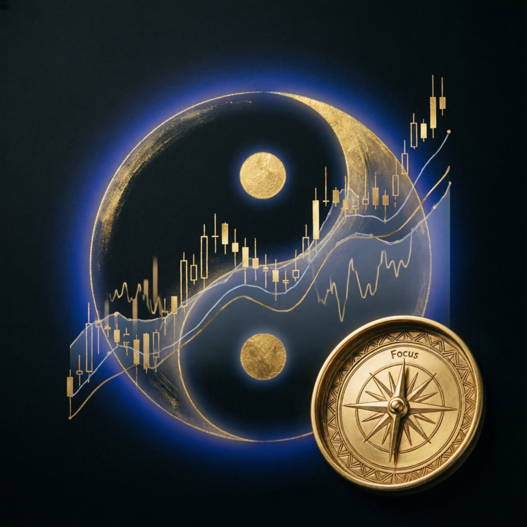 Trading psychology concept with balanced yin-yang and compass representing focused trading mindset