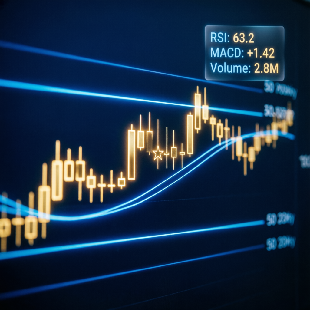 Professional trading strategy visualization with candlestick patterns and technical indicators