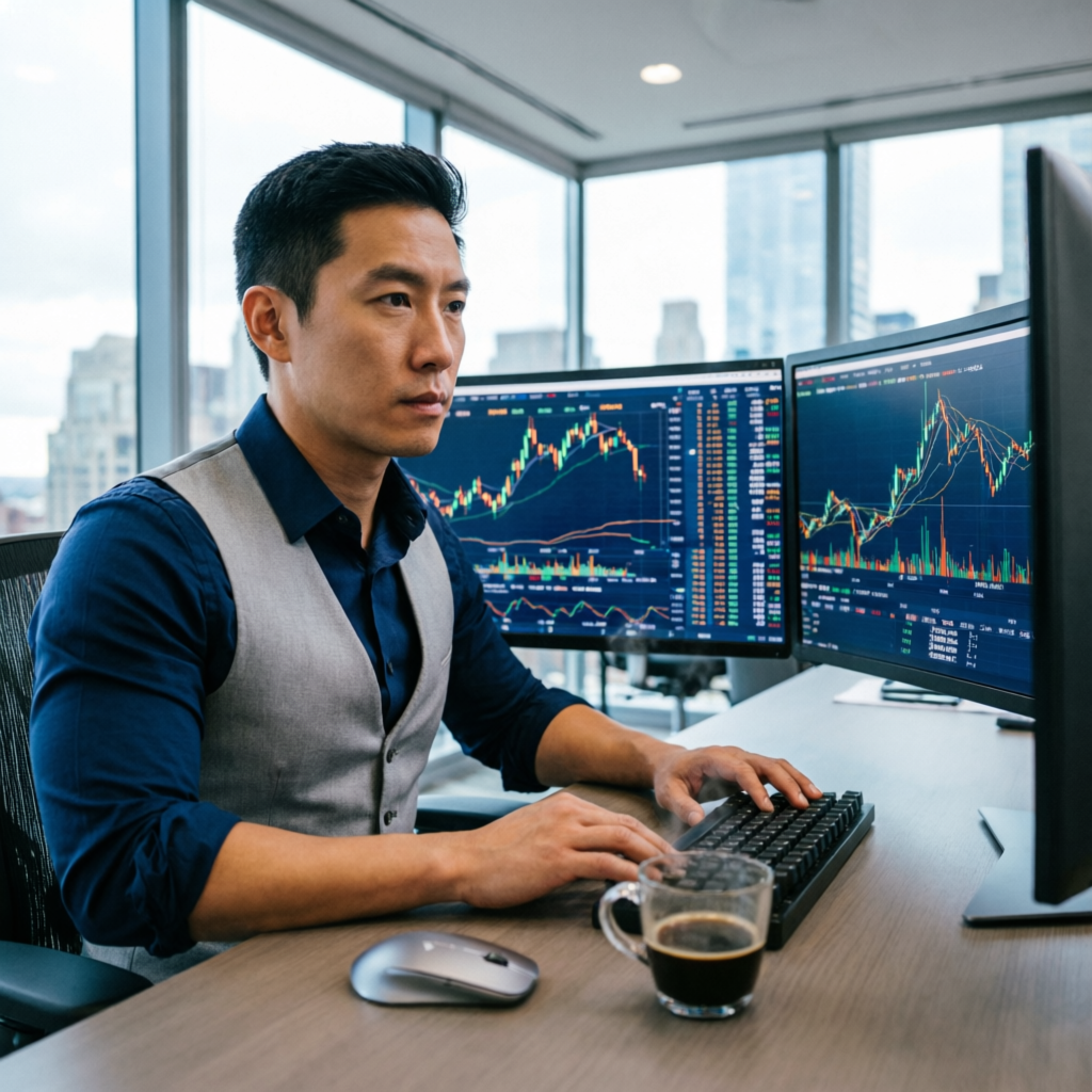 Professional trader working with Apex Trader Funding platform on multiple monitors