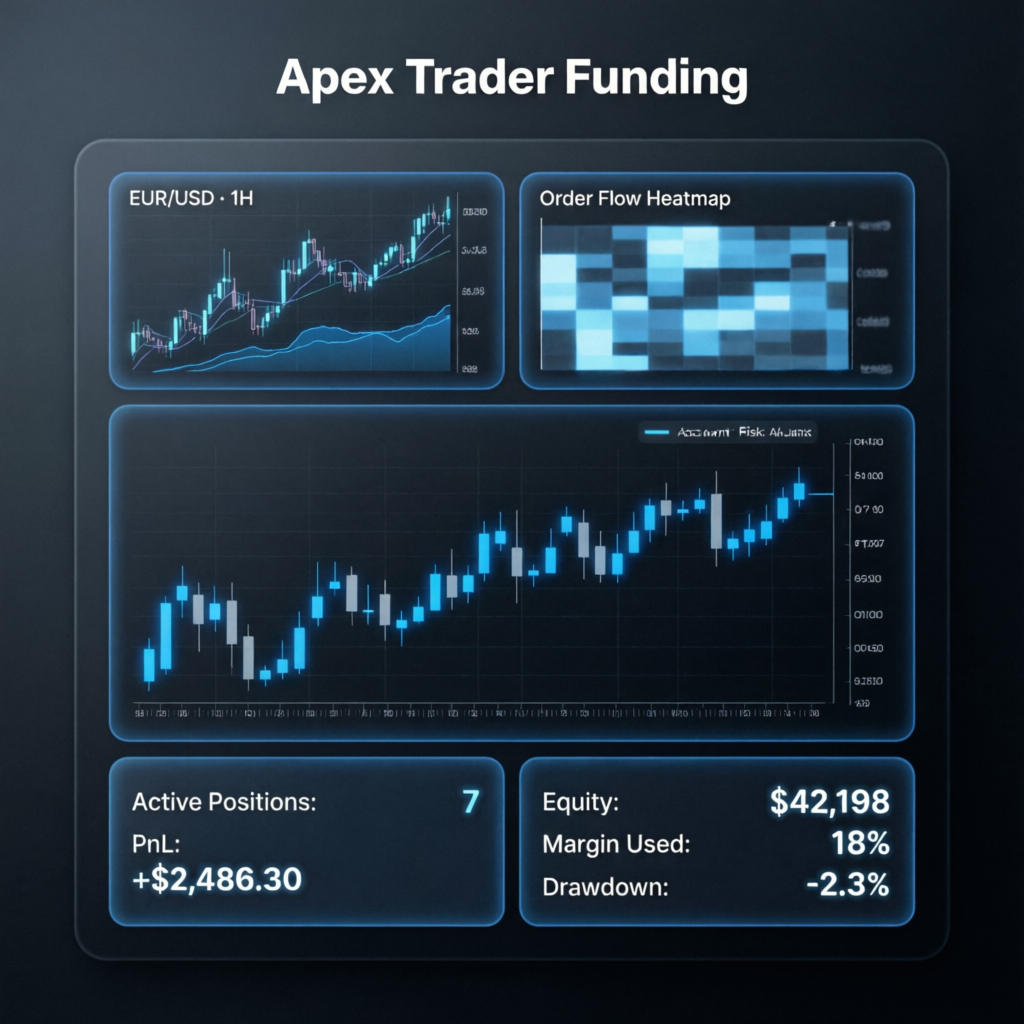 Apex Trader Funding dashboard showing live trading charts and account statistics