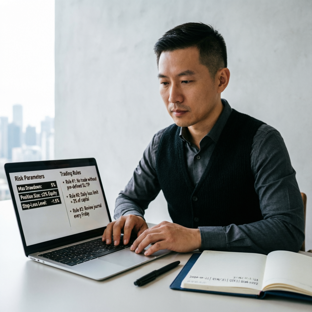 Risk parameters and trading rules displayed on laptop screen for Apex Trader Funding evaluation
