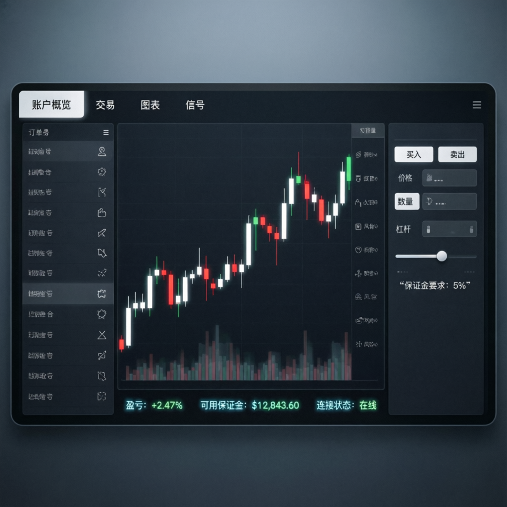 Futures trading platform interface with candlestick charts and trading indicators
