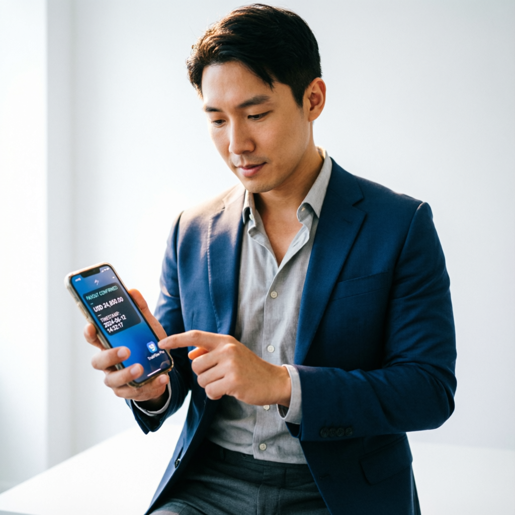 Trader checking payout confirmation on smartphone from Apex Trader Funding