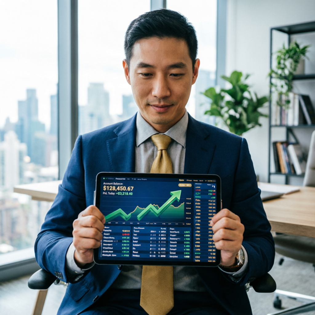 Successful funded trader reviewing profitable account dashboard on tablet