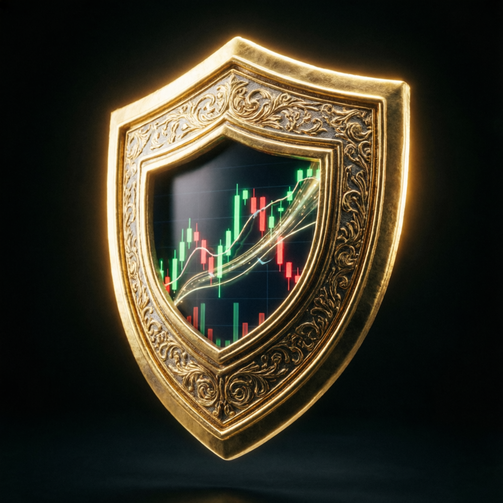 Golden shield protecting trading profits representing risk management success