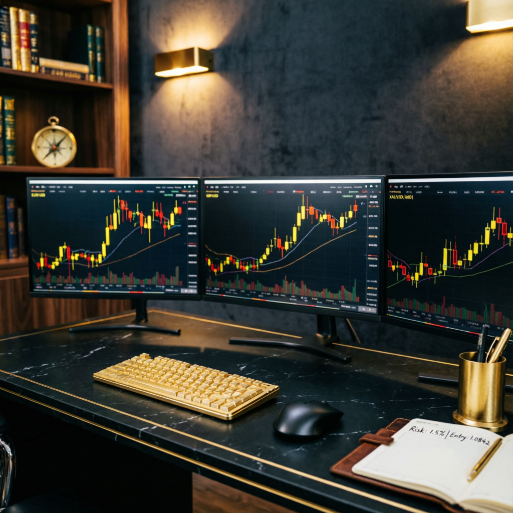 Professional forex trading workspace with multiple monitors showing Topstep challenge strategy