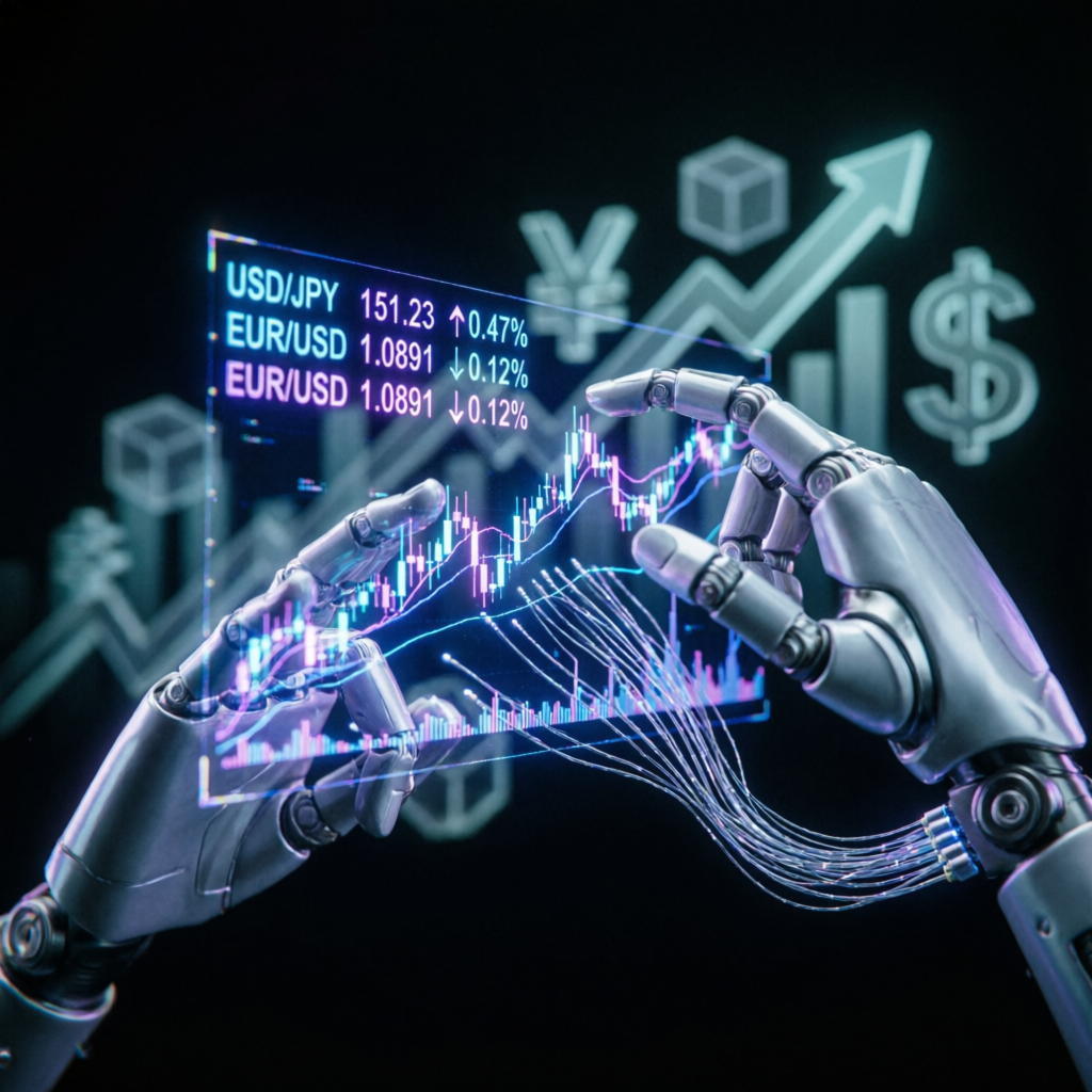 AI robot trading automation with holographic forex charts