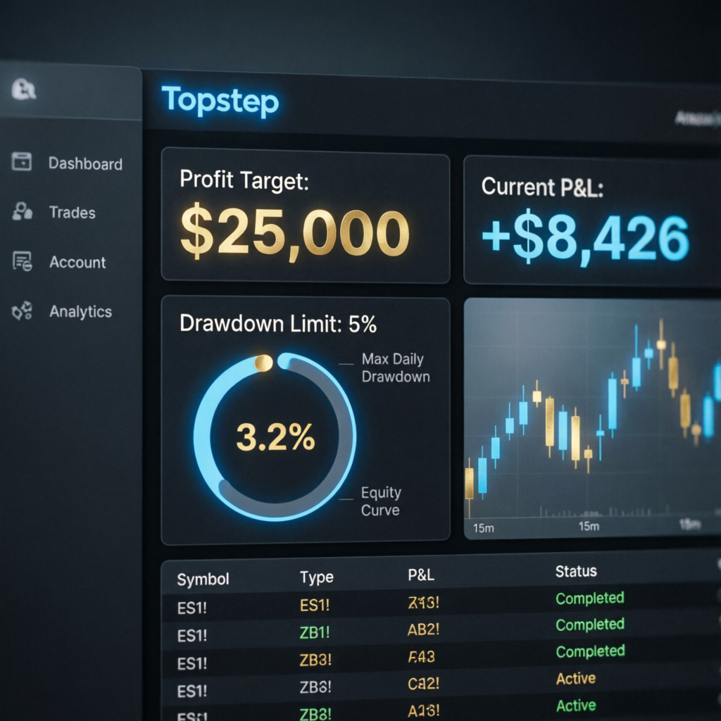 Topstep trading platform dashboard showing profit target and drawdown metrics