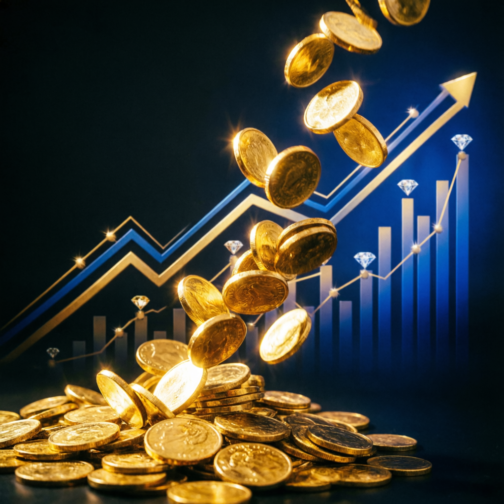 Trading payout success with gold coins and profit charts