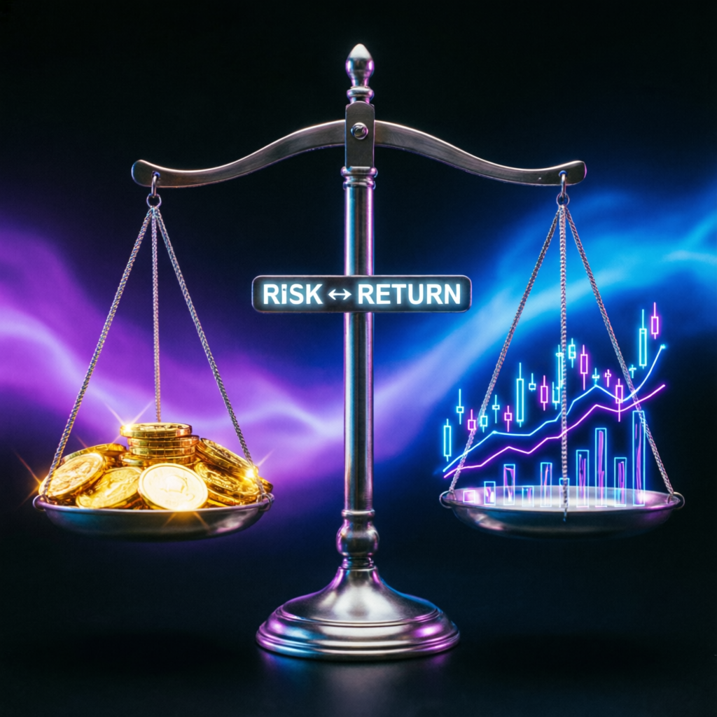 Risk vs Return balance scale with trading charts
