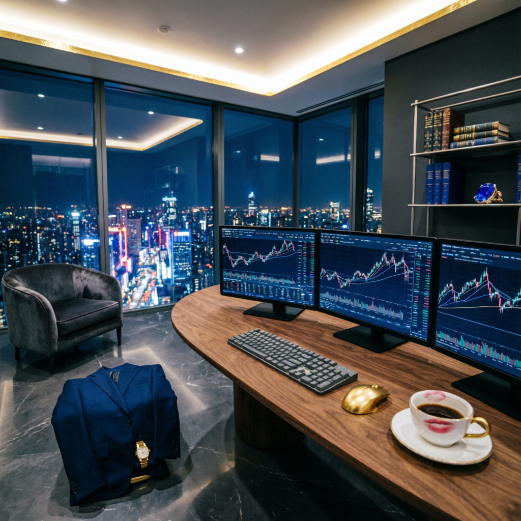 Luxury trader lifestyle with multiple monitors and city view