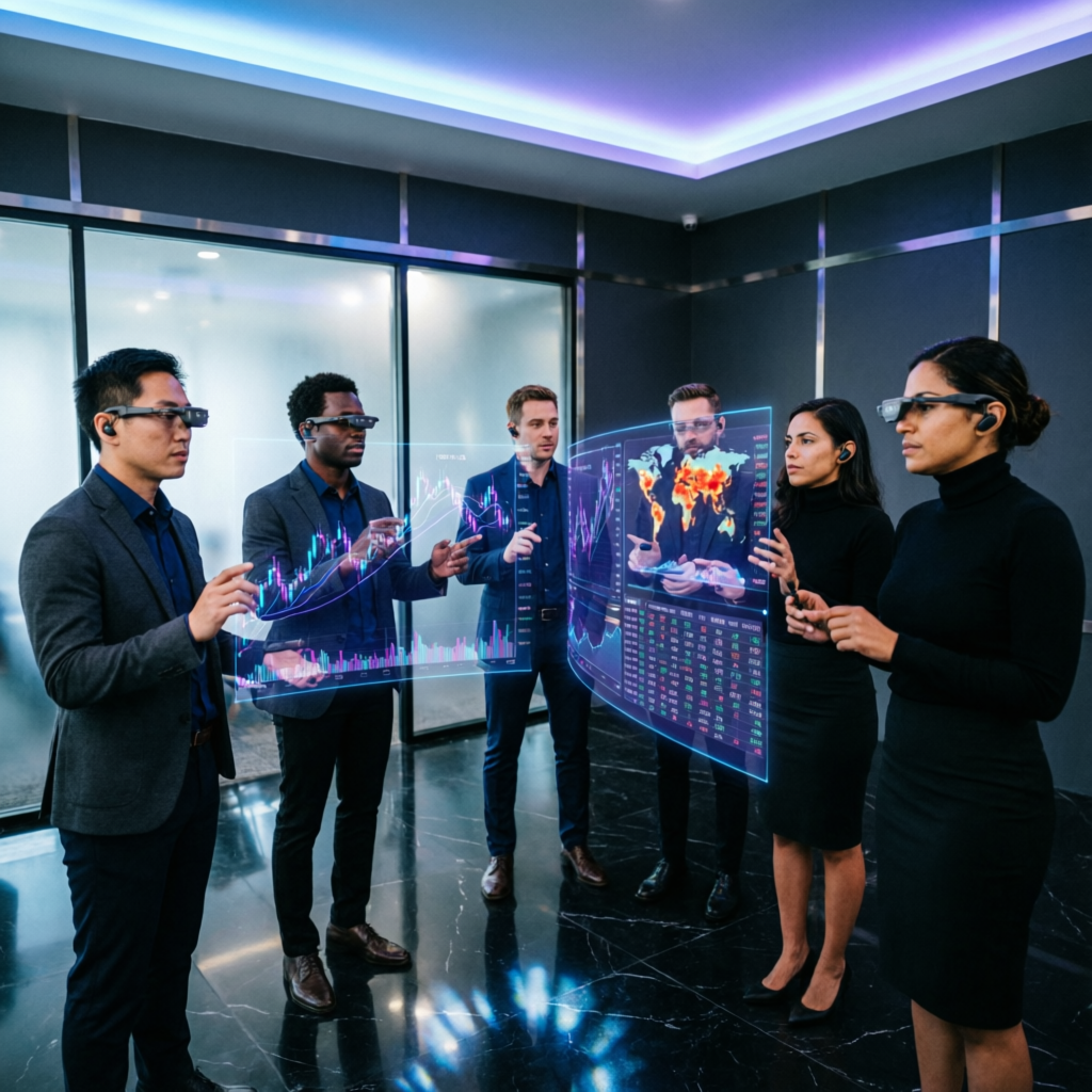 Professional trading team collaboration with holographic displays